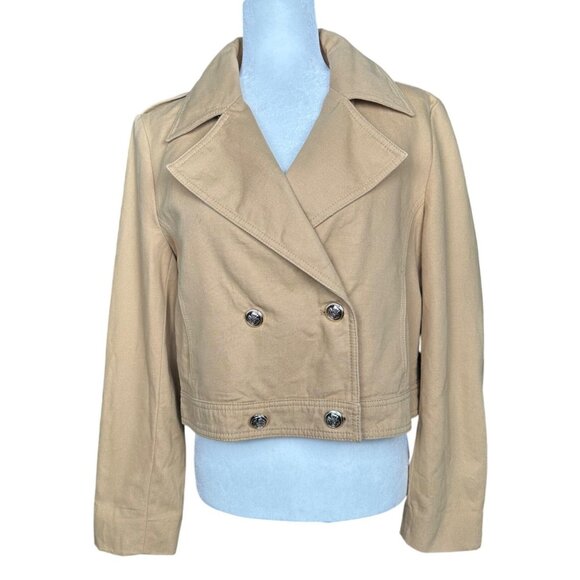 Zara Cropped Tan Denim Jacket Large Trench Military Boho Double Breasted Short - Picture 2 of 11